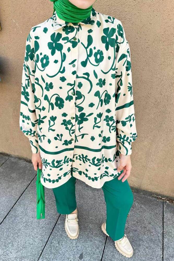 Neva Style - Desenli Yeşil Tesettür İkili Takım 9293Y - 3