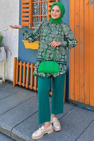  Desenli Yeşil Tesettür İkili Takım 9295Y - 1