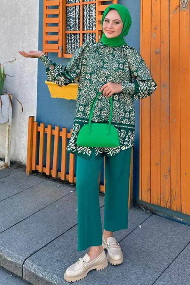  Desenli Yeşil Tesettür İkili Takım 9295Y - NEVA STYLE