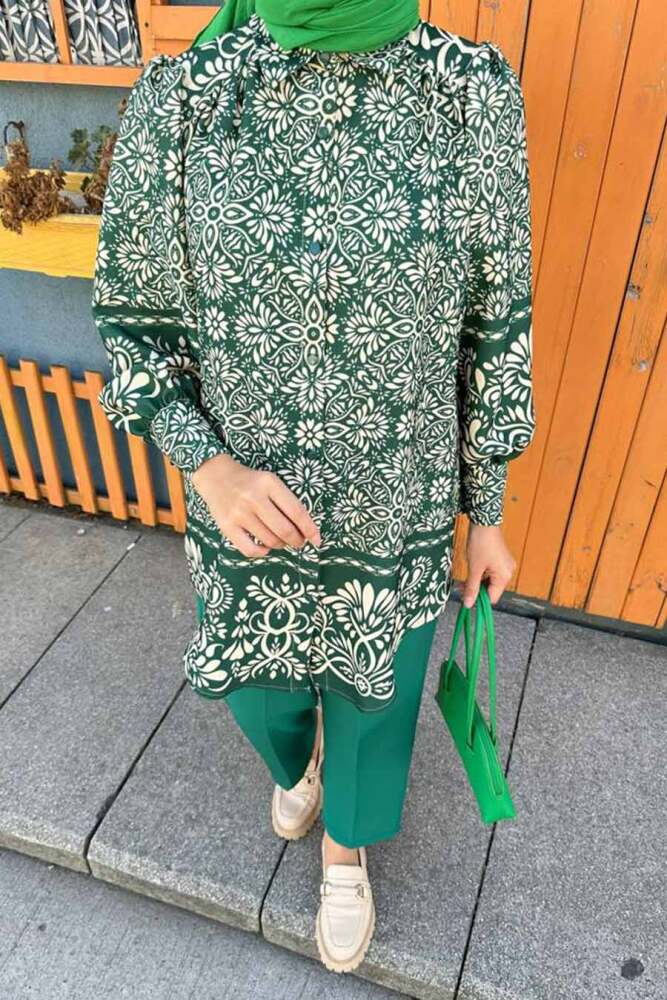  Desenli Yeşil Tesettür İkili Takım 9295Y - 2
