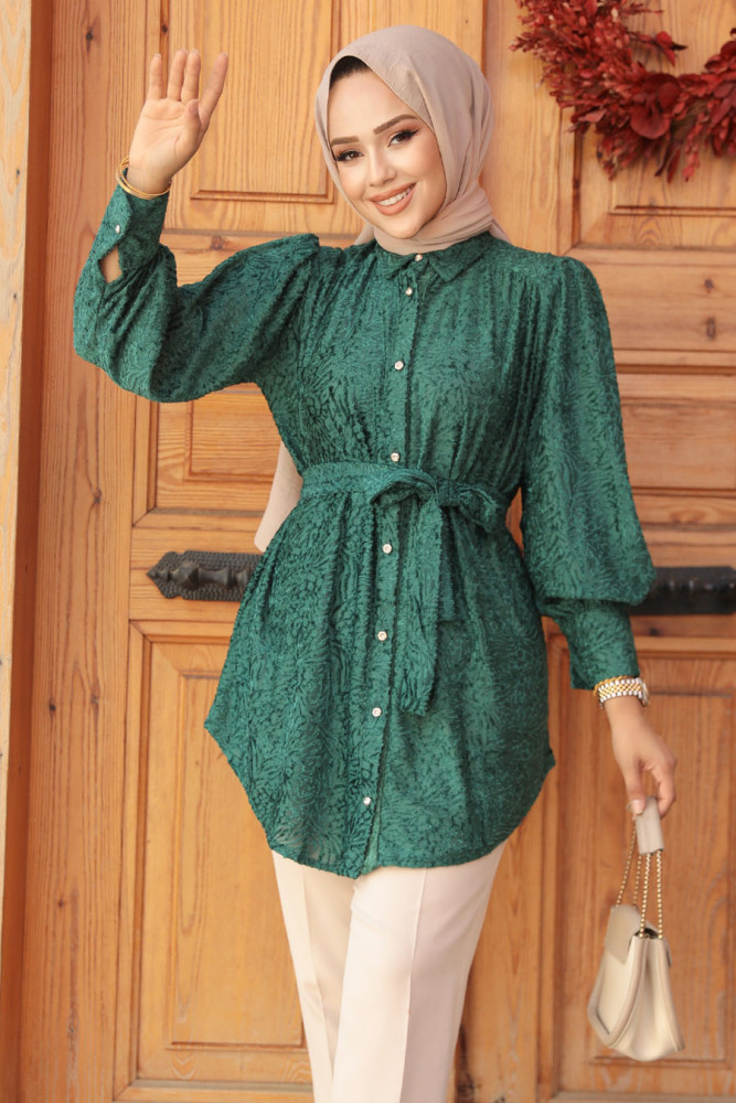 Neva Style - Desenli Yeşil Tesettür Tunik 92671Y - 1