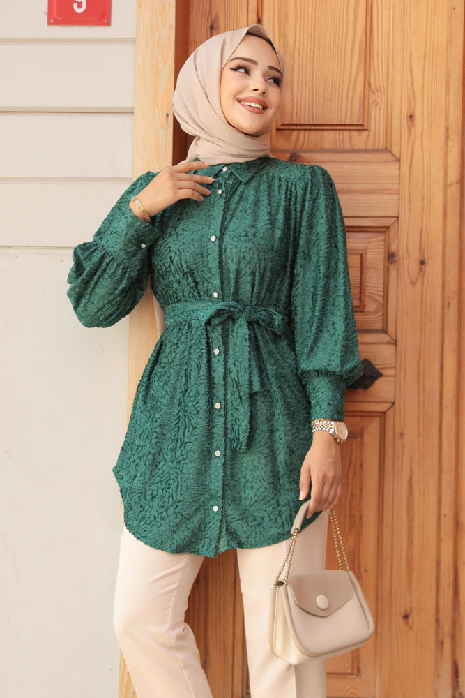 Neva Style - Desenli Yeşil Tesettür Tunik 92671Y - 3