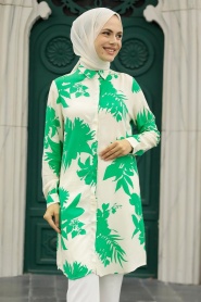 Neva Style - Desenli Yeşil Tesettür Viskon Tunik 11590Y - Thumbnail
