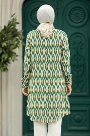 Neva Style - Desenli Yeşil Tesettür Viskon Tunik 11612Y - Thumbnail