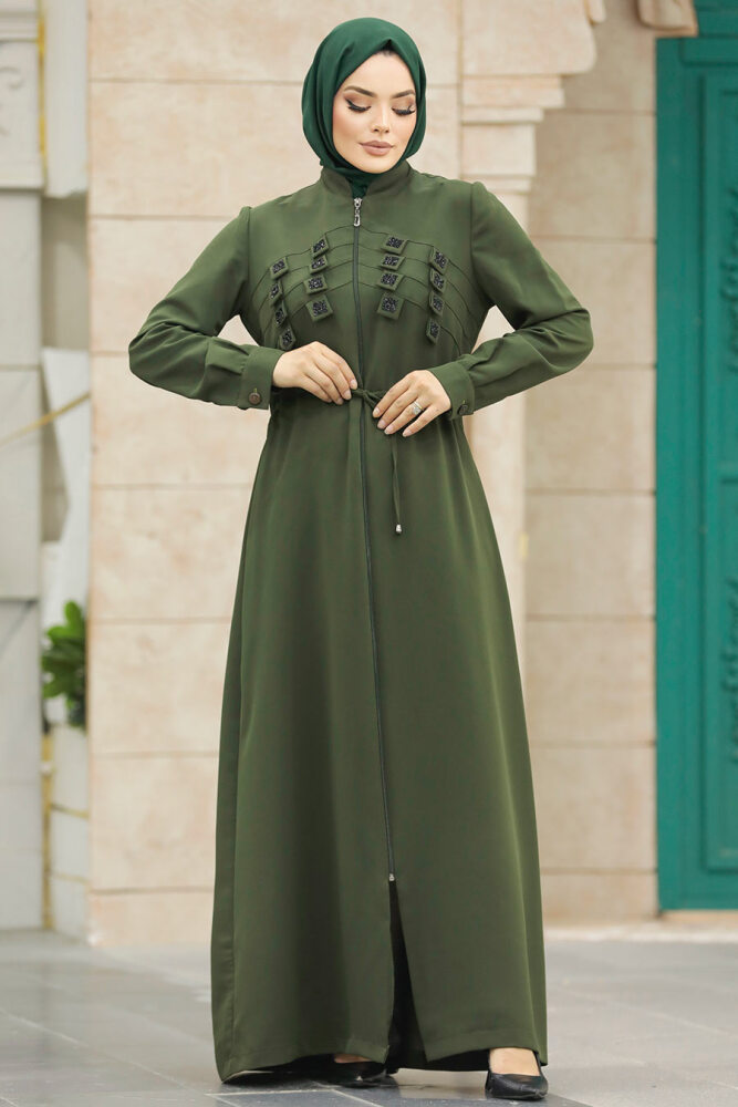 Neva Style - Detaylı Haki Tesettür Ferace 10037HK - 3