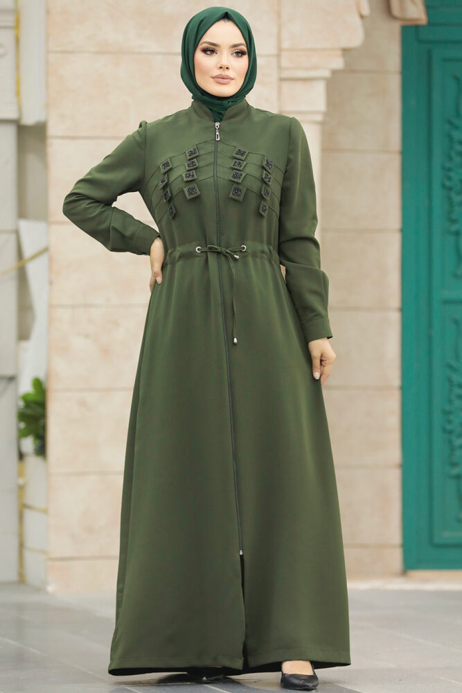 Neva Style - Detaylı Haki Tesettür Ferace 10037HK - 1