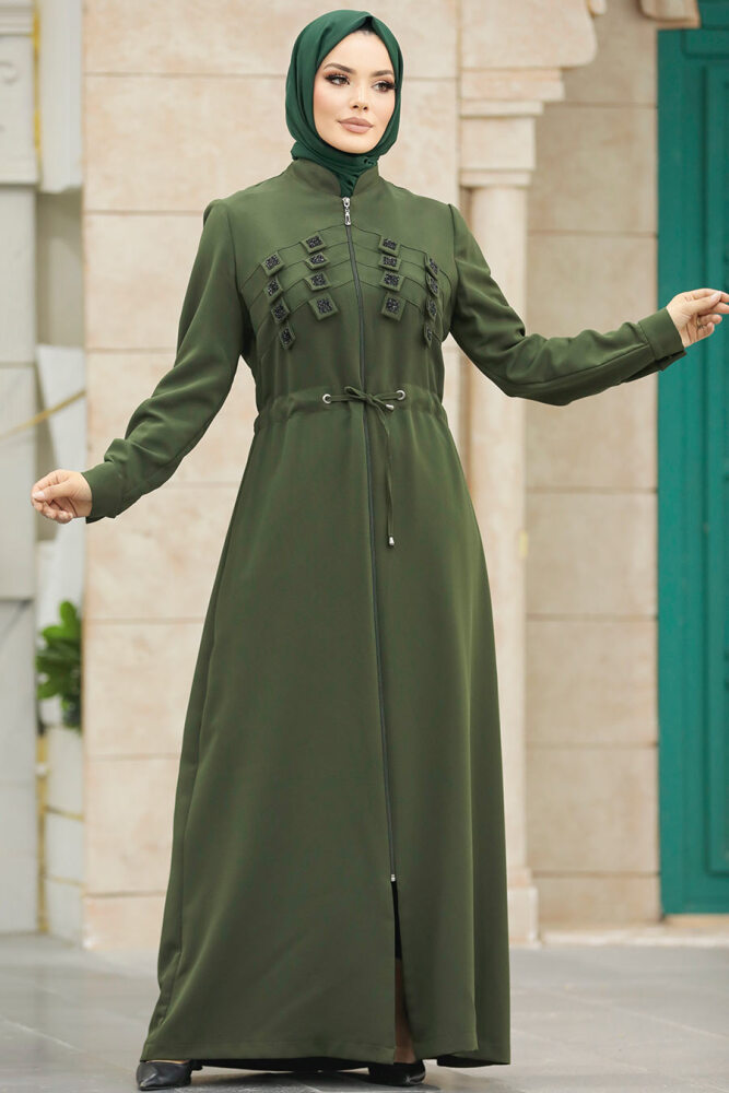 Neva Style - Detaylı Haki Tesettür Ferace 10037HK - 4