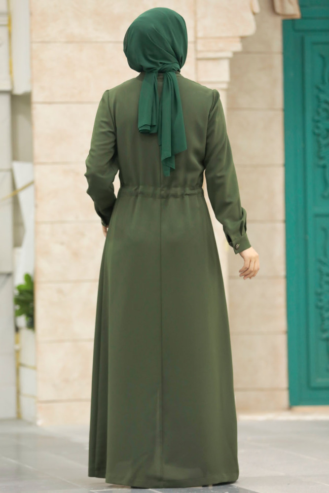 Neva Style - Detaylı Haki Tesettür Ferace 10037HK - 5