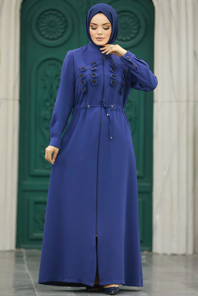 Neva Style - Detaylı İndigo Mavisi Tesettür Ferace 10037IM - 4