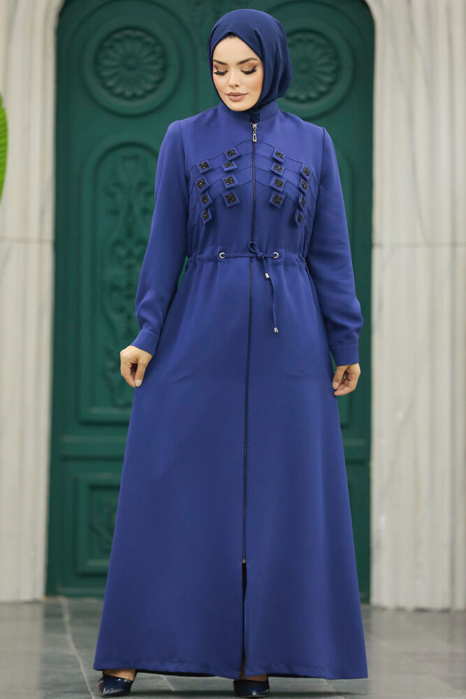 Neva Style - Detaylı İndigo Mavisi Tesettür Ferace 10037IM - 5