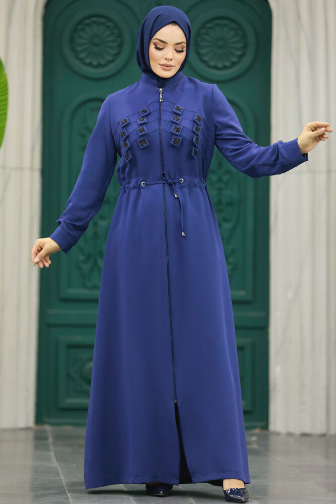 Neva Style - Detaylı İndigo Mavisi Tesettür Ferace 10037IM - 1