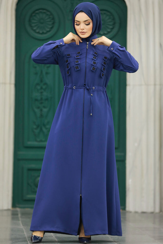 Neva Style - Detaylı İndigo Mavisi Tesettür Ferace 10037IM - 2
