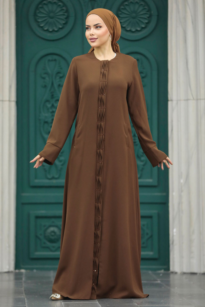 Neva Style - Detaylı Kahverengi Tesettür Ferace 20050KH - 1