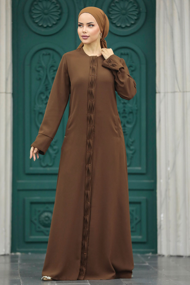 Neva Style - Detaylı Kahverengi Tesettür Ferace 20050KH - 3