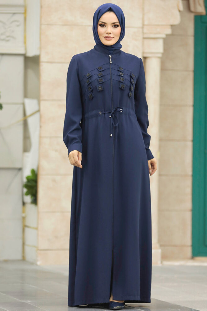 Neva Style - Detaylı Lacivert Tesettür Ferace 10037L - 2