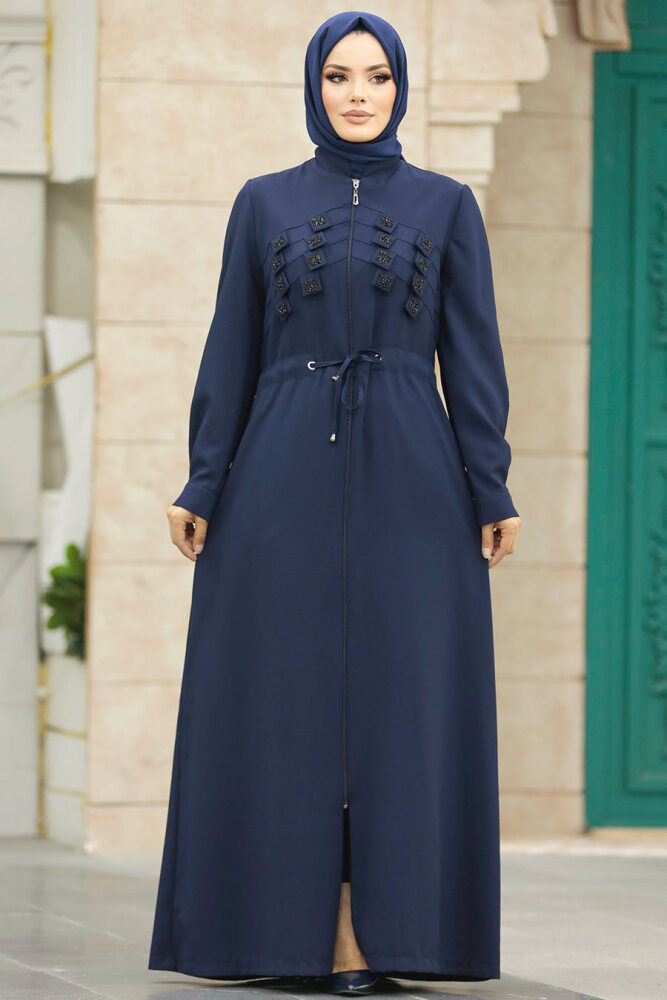 Neva Style - Detaylı Lacivert Tesettür Ferace 10037L - 1