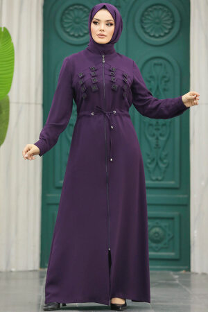  Detaylı Mürdüm Tesettür Ferace 10037MU - NEVA STYLE