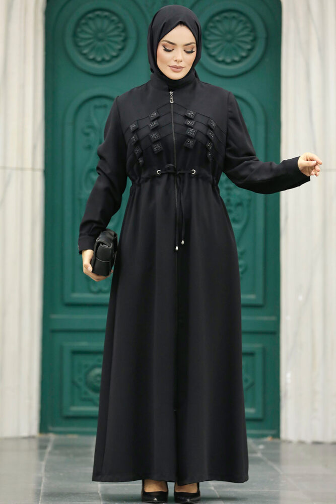 Neva Style - Detaylı Siyah Tesettür Ferace 10037S - 1