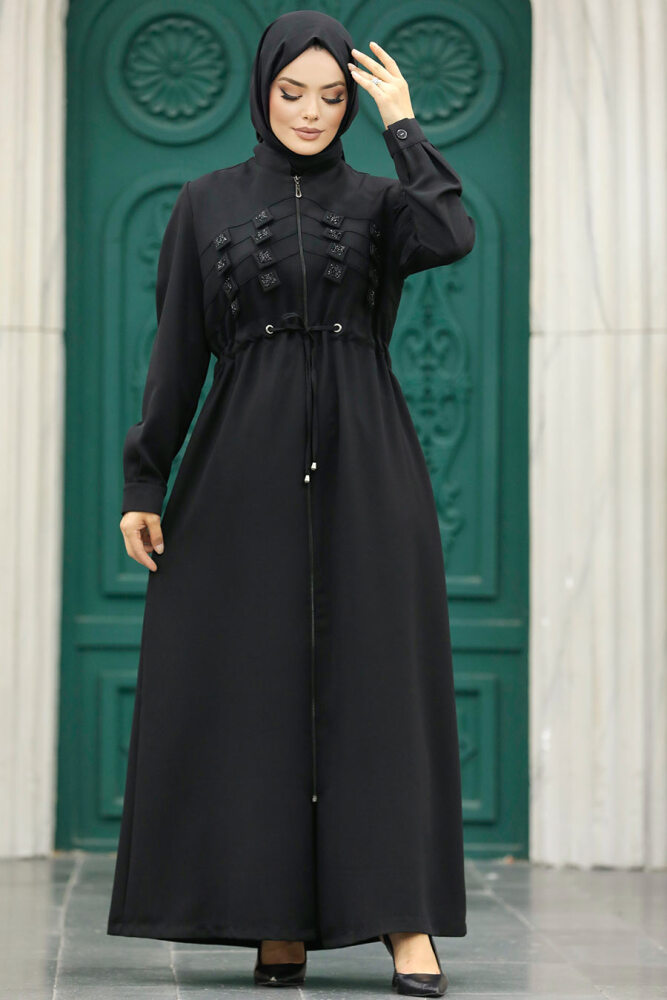 Neva Style - Detaylı Siyah Tesettür Ferace 10037S - 2
