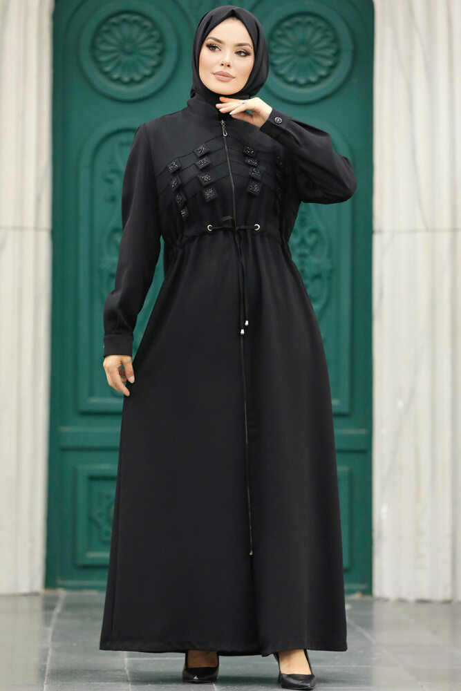 Neva Style - Detaylı Siyah Tesettür Ferace 10037S - 3