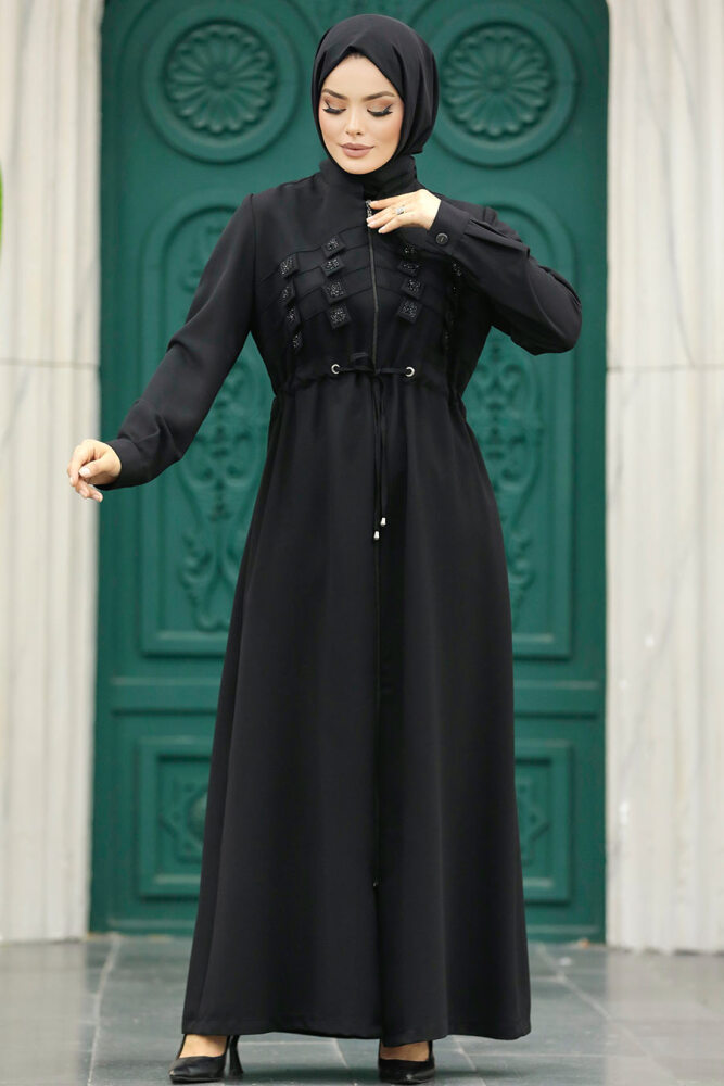 Neva Style - Detaylı Siyah Tesettür Ferace 10037S - 4