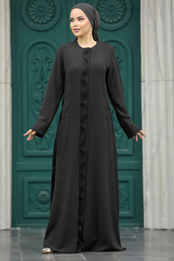  Detaylı Siyah Tesettür Ferace 20050S - 1
