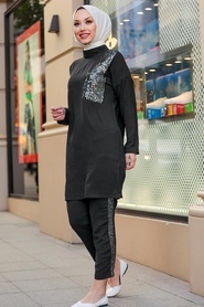 Neva Style - Detaylı Siyah Tesettür İkili Takım 12112S - Thumbnail