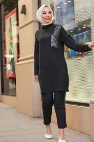 Neva Style - Detaylı Siyah Tesettür İkili Takım 12112S - Thumbnail