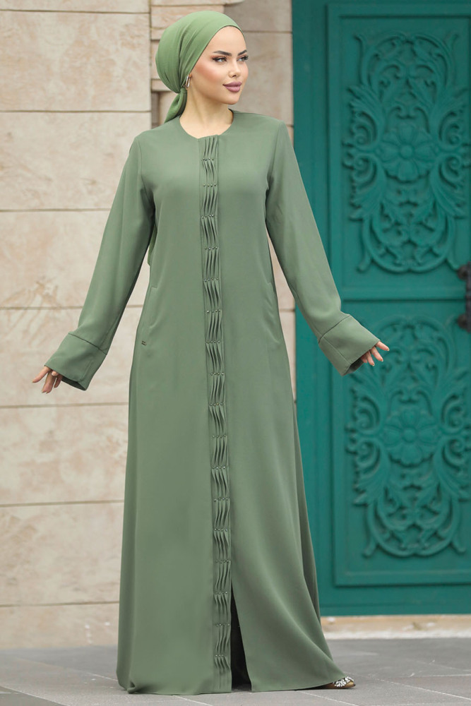 Neva Style - Detaylı Yeşil Tesettür Ferace 20050Y - 1