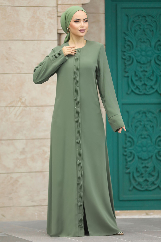 Neva Style - Detaylı Yeşil Tesettür Ferace 20050Y - 2