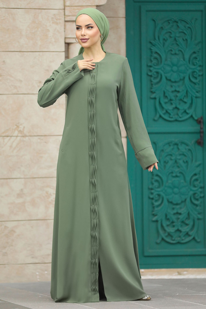 Neva Style - Detaylı Yeşil Tesettür Ferace 20050Y - 3