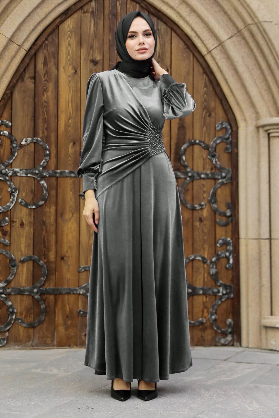 Neva Style - Drape Detaylı Gri Tesettür Kadife Elbise 3845GR