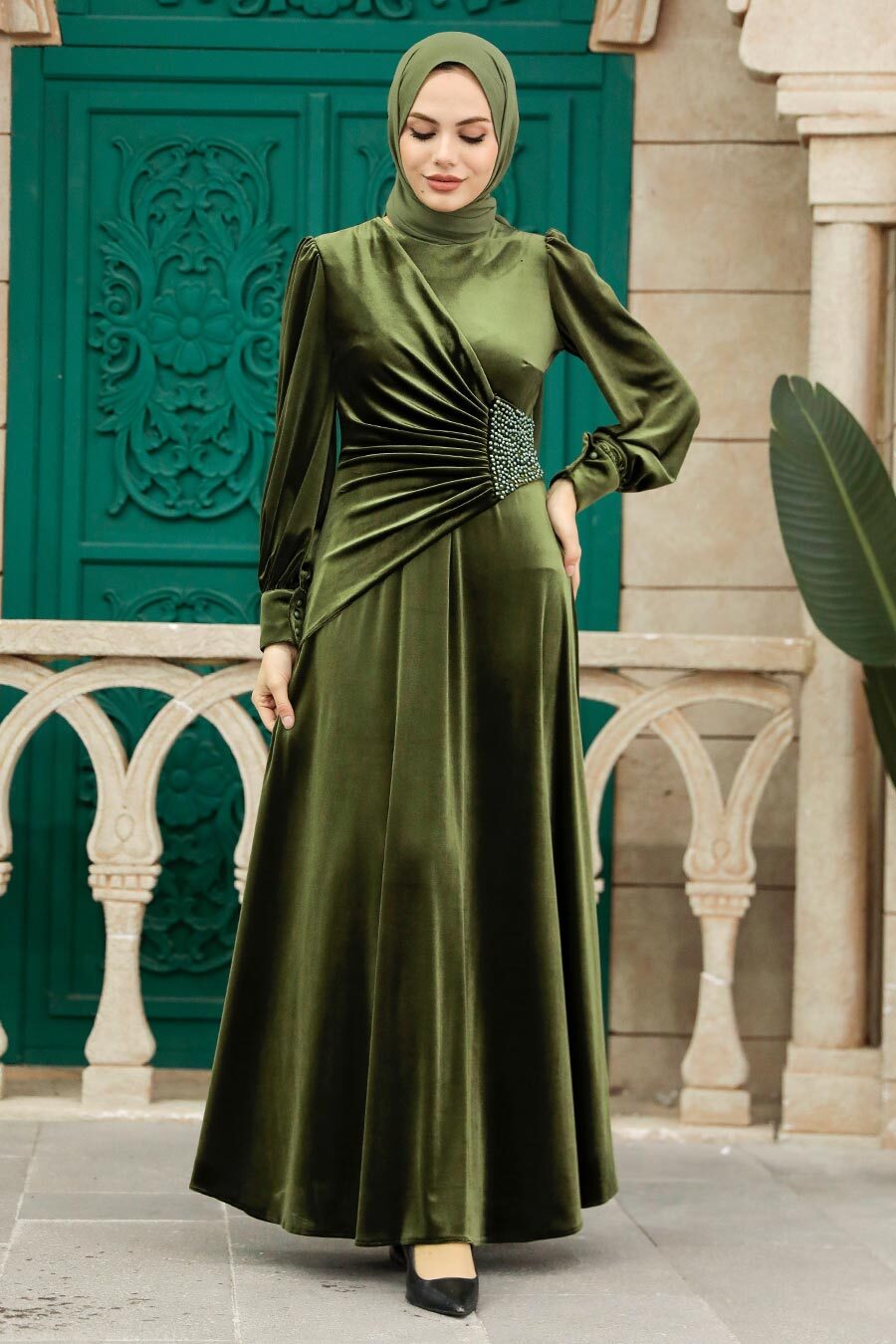 Neva Style - Drape Detaylı Haki Tesettür Kadife Elbise 3845HK