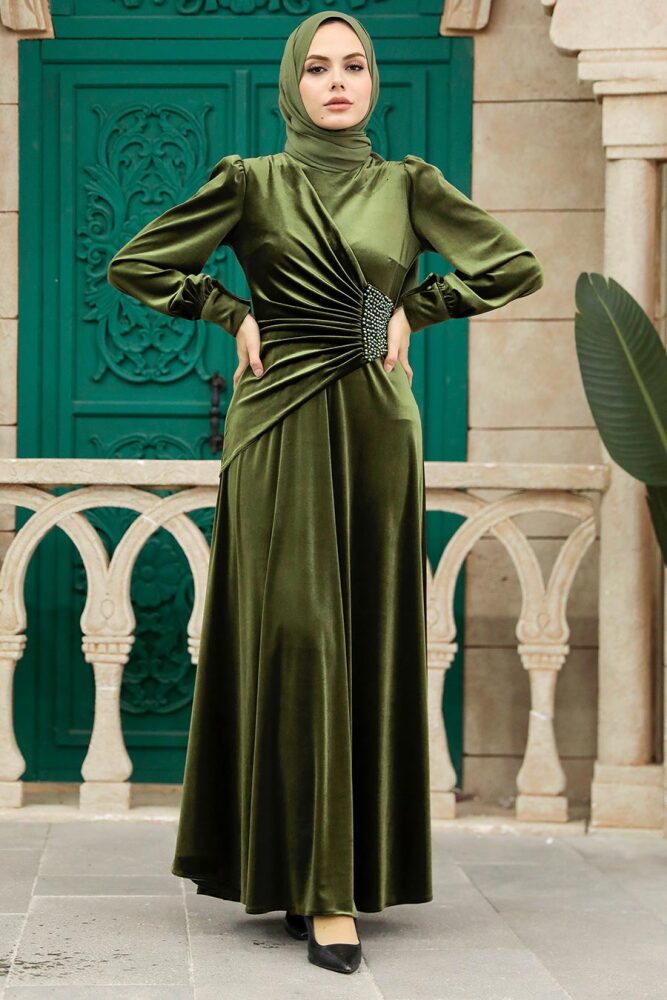 Neva Style - Drape Detaylı Haki Tesettür Kadife Elbise 3845HK - 2