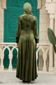 Neva Style - Drape Detaylı Haki Tesettür Kadife Elbise 3845HK - Thumbnail