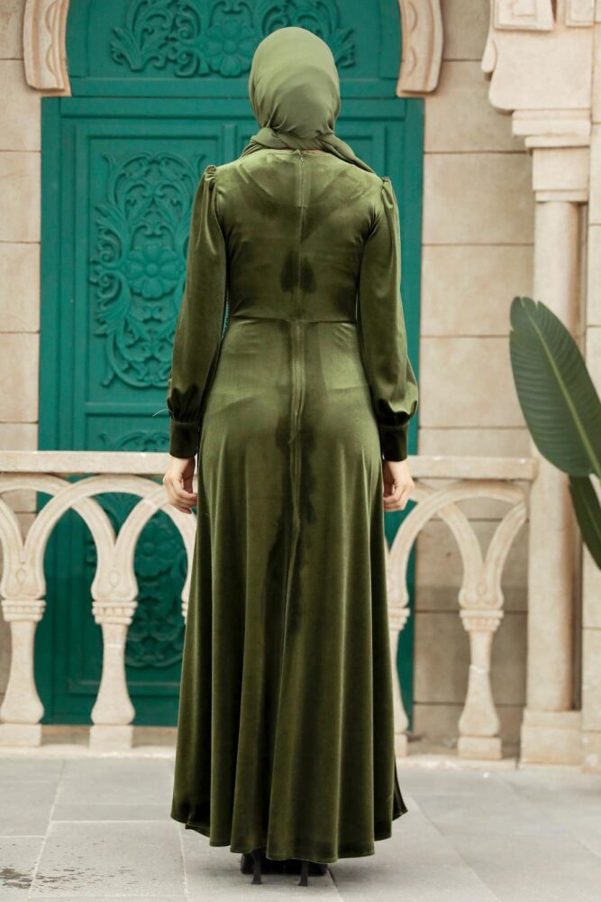 Neva Style - Drape Detaylı Haki Tesettür Kadife Elbise 3845HK - 4