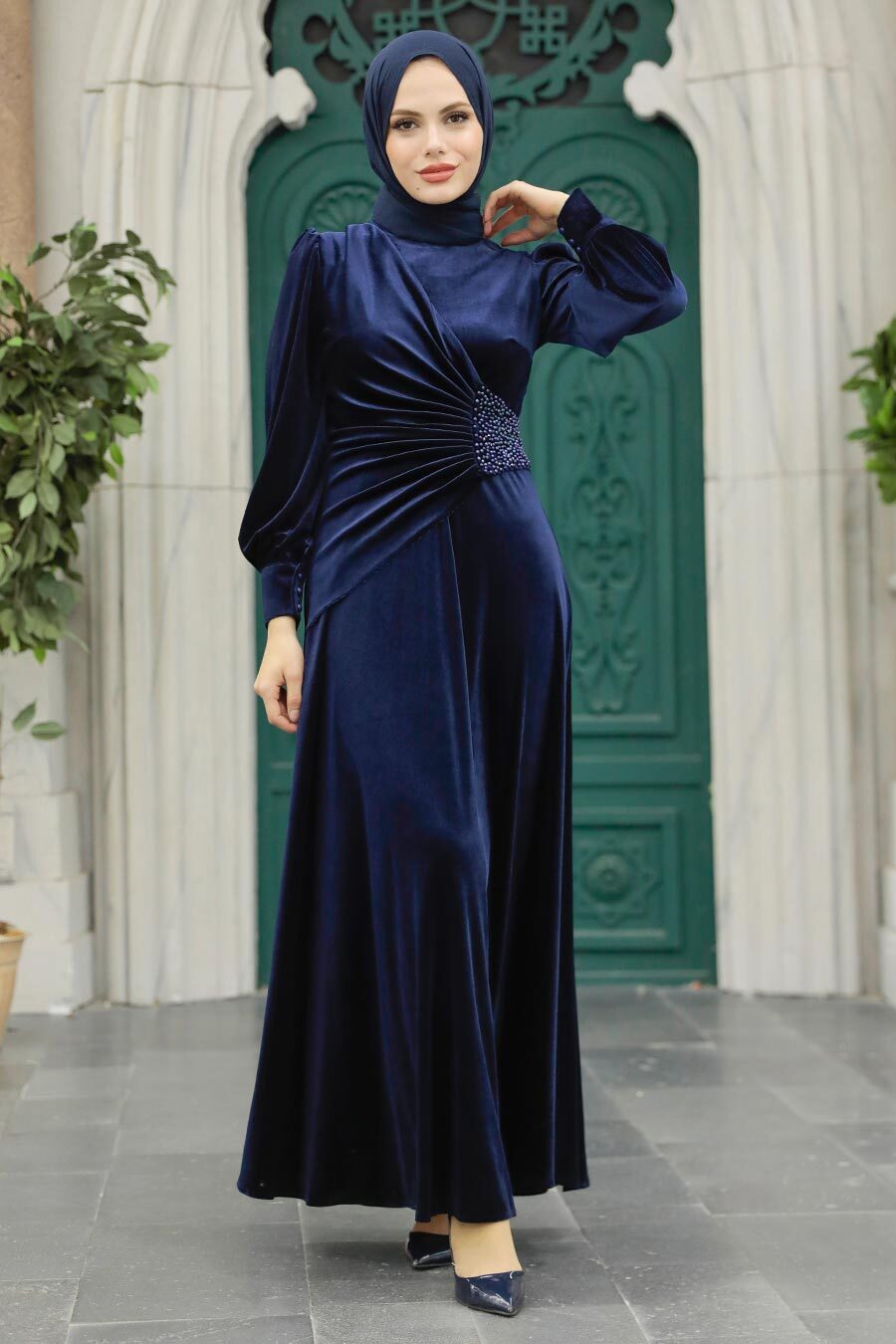 Neva Style - Drape Detaylı Lacivert Tesettür Kadife Elbise 3845L