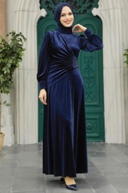 Neva Style - Drape Detaylı Lacivert Tesettür Kadife Elbise 3845L - Thumbnail
