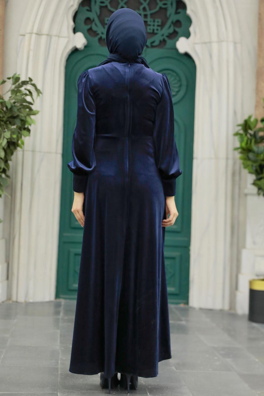Neva Style - Drape Detaylı Lacivert Tesettür Kadife Elbise 3845L