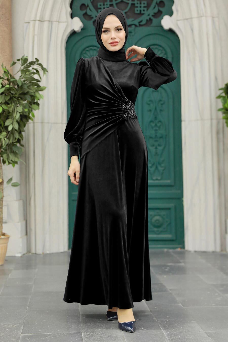 Neva Style - Drape Detaylı Tesettür Kadife Elbise 3845S