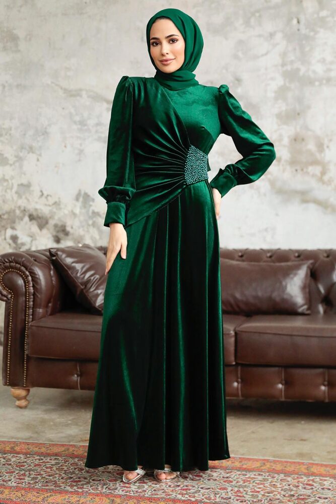 Drape Detaylı Zümrüt Yeşili Tesettür Kadife Elbise 3845ZY - 1