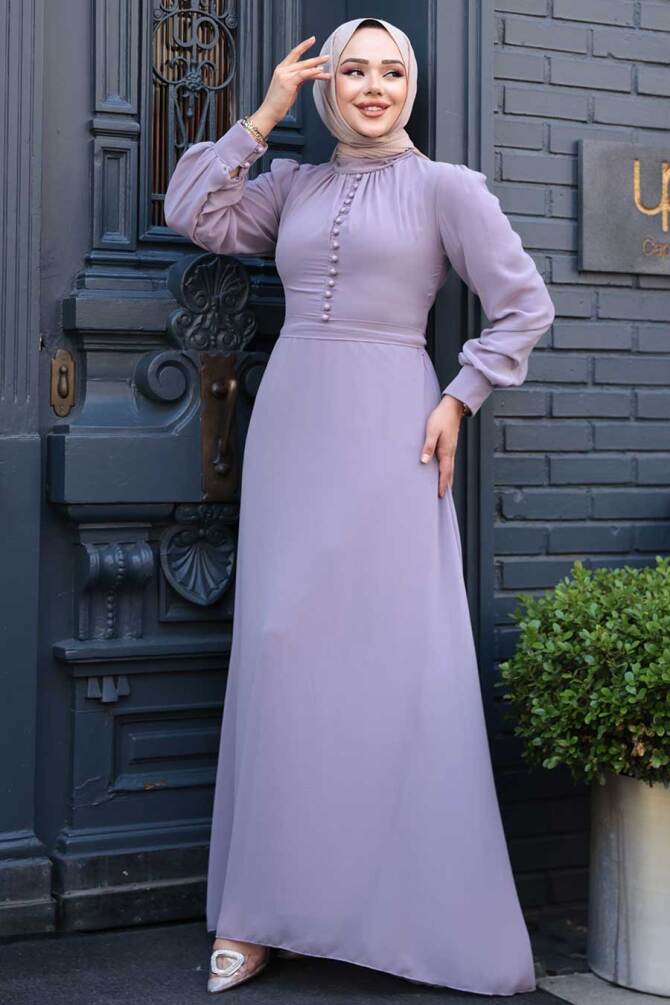 Neva Style - Düğme Detaylı Açık Lila Tesettür Elbise 2703ALILA - 2