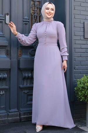 Neva Style - Düğme Detaylı Açık Lila Tesettür Elbise 2703ALILA 