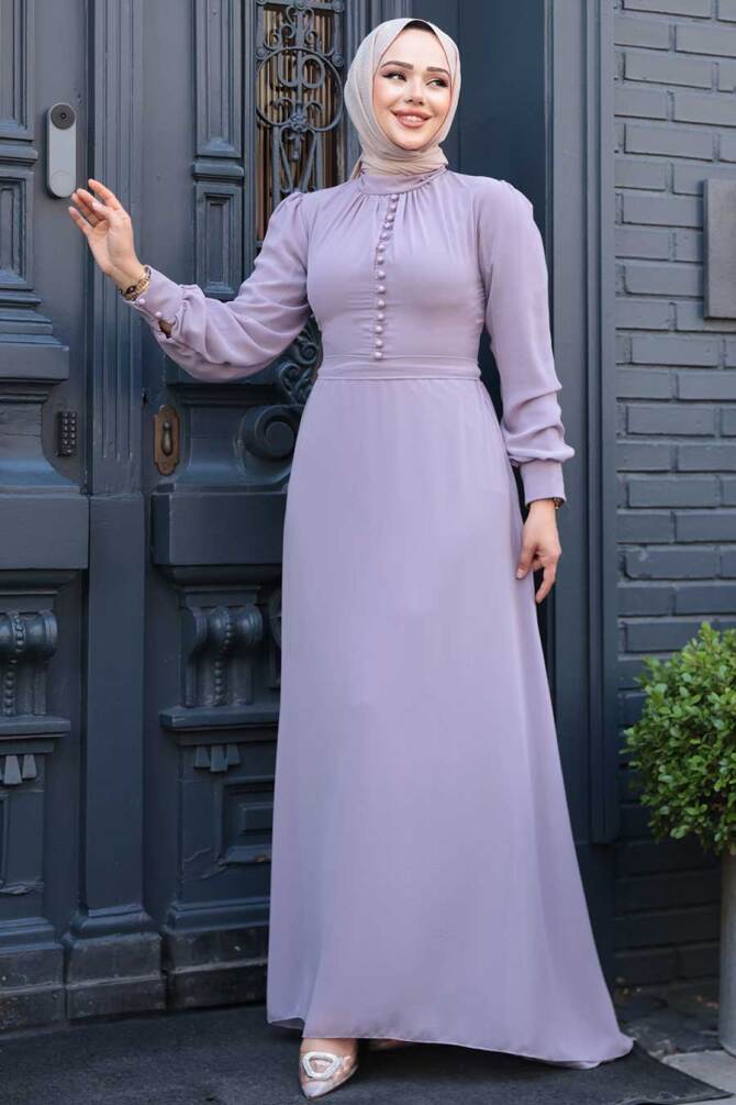 Neva Style - Düğme Detaylı Açık Lila Tesettür Elbise 2703ALILA - 1