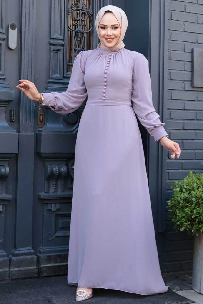 Neva Style - Düğme Detaylı Açık Lila Tesettür Elbise 2703ALILA - 3