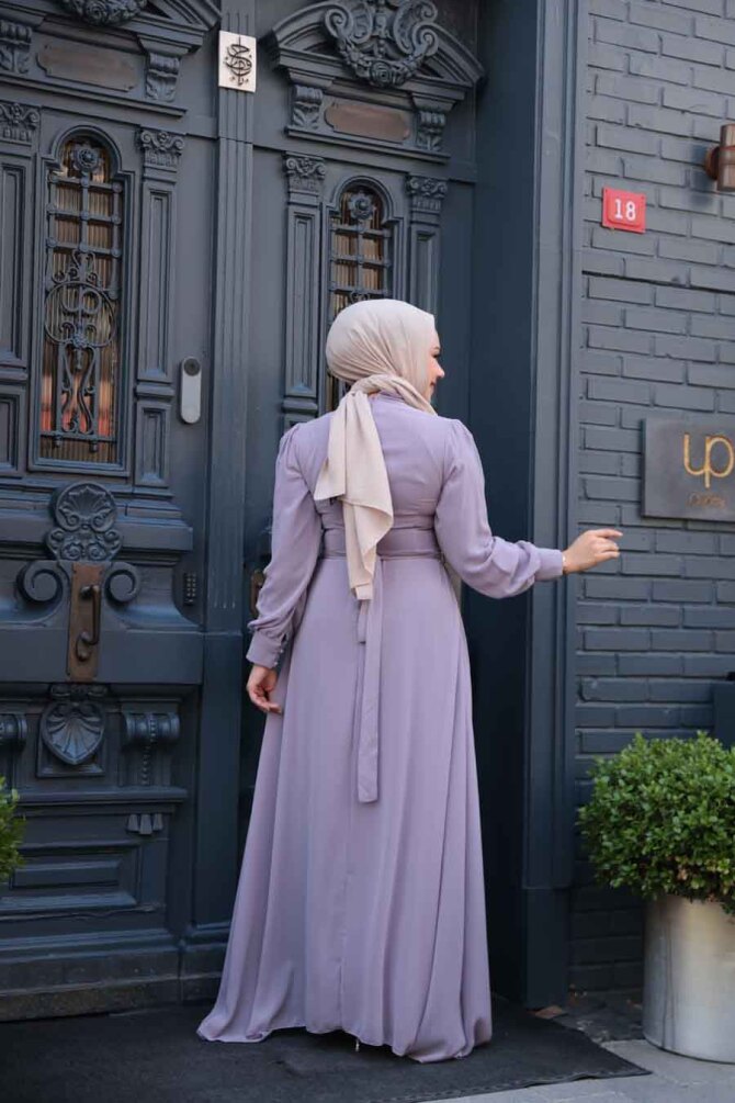 Neva Style - Düğme Detaylı Açık Lila Tesettür Elbise 2703ALILA - 4