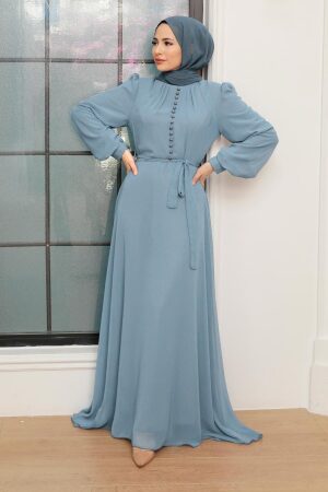 Neva Style - Düğme Detaylı Bebek Mavisi Tesettür Elbise 2703BM 