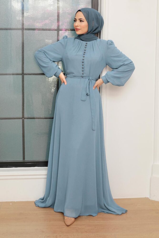 Neva Style - Düğme Detaylı Bebek Mavisi Tesettür Elbise 2703BM - 1