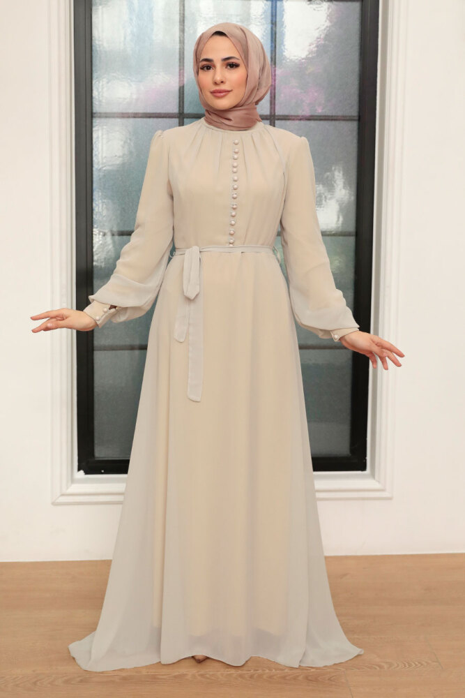 Neva Style - Düğme Detaylı Bej Tesettür Elbise 2703BEJ - 2