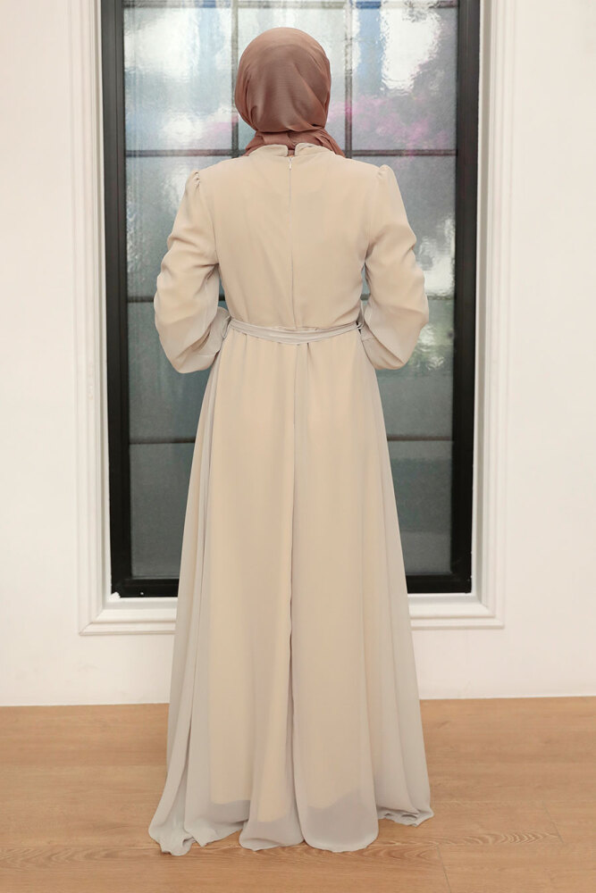 Neva Style - Düğme Detaylı Bej Tesettür Elbise 2703BEJ - 3